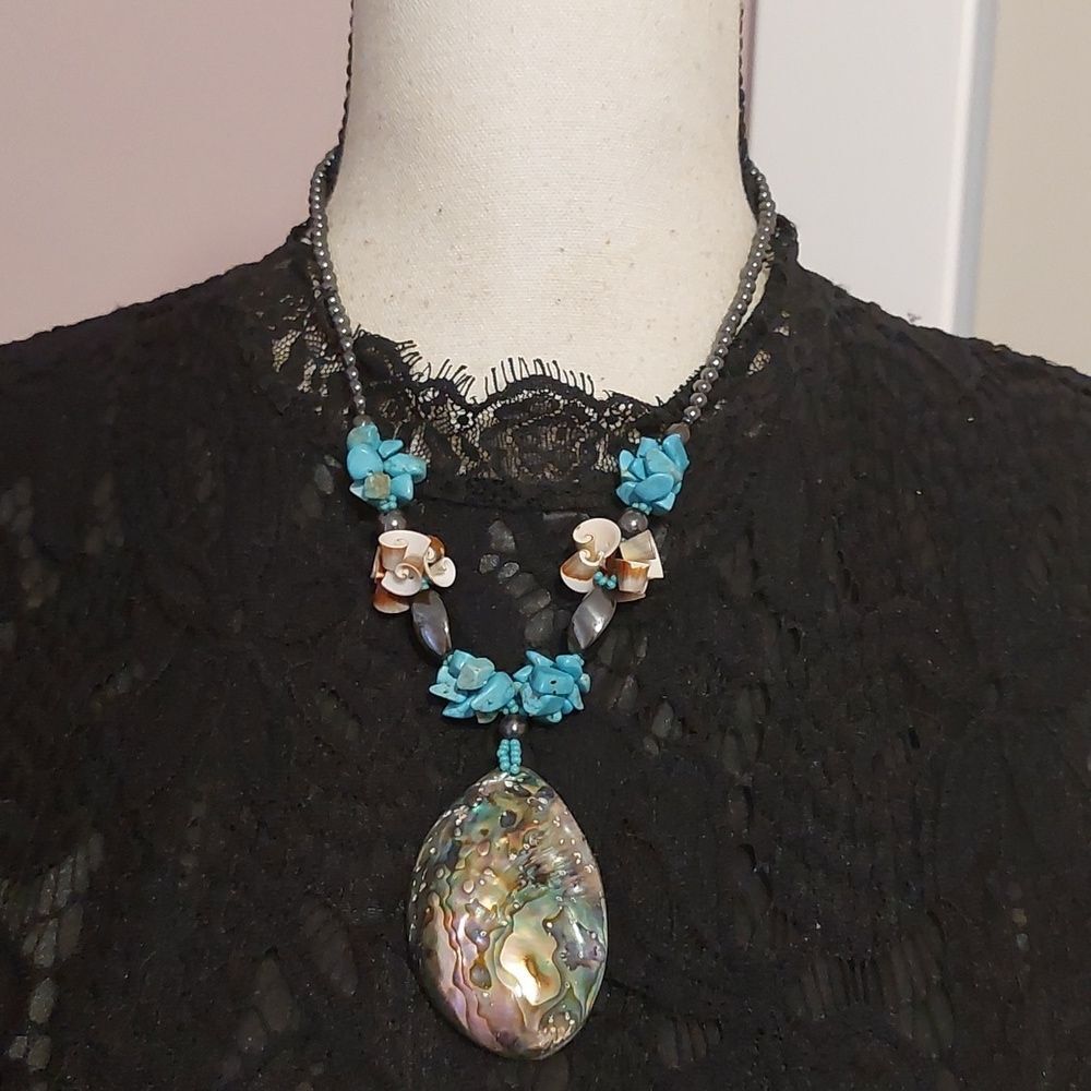 Eclectic Large Abalone Shell Pendant w/ Hematite Turquoise Curly Shells Necklace